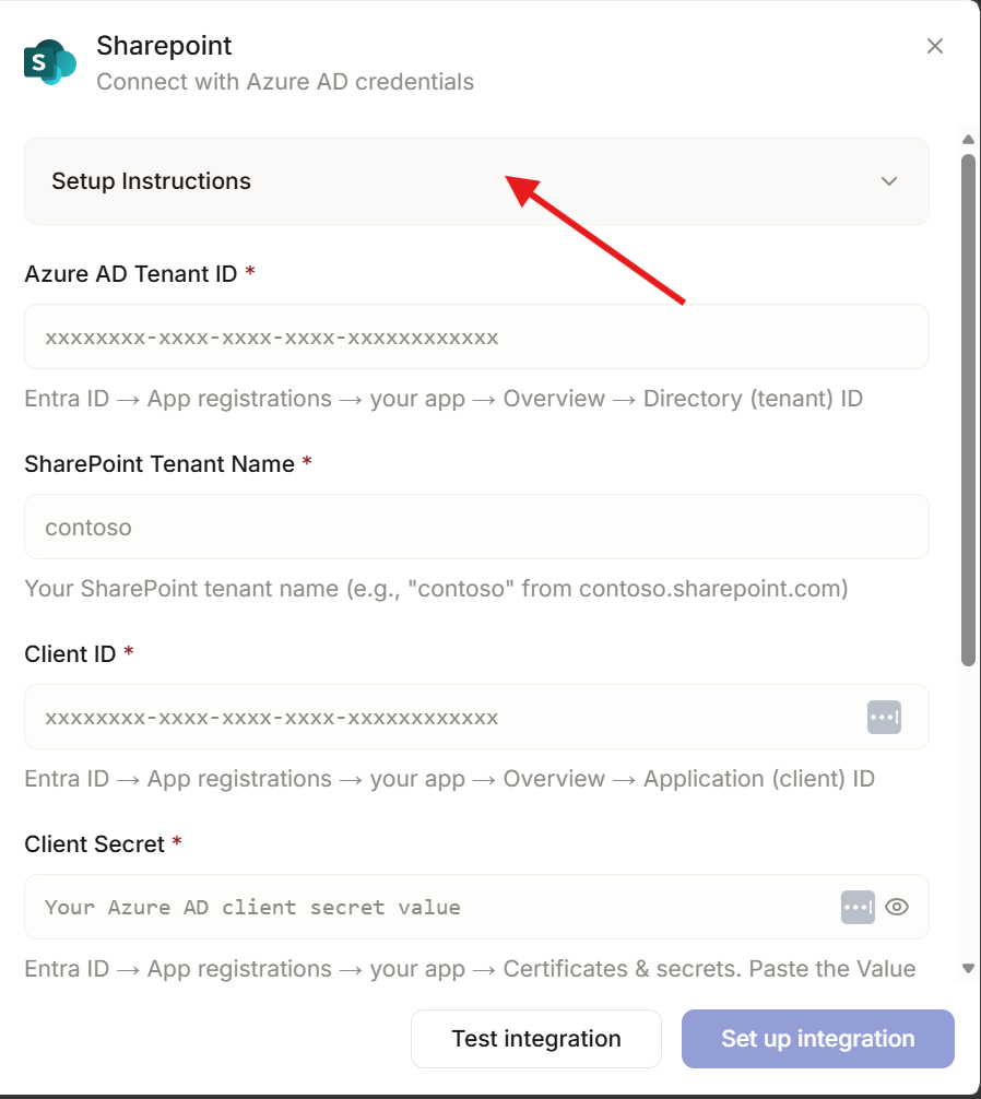 Sharepoint setup panel with Azure AD fields