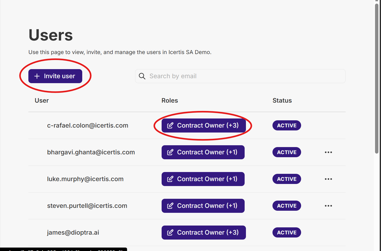 Users page with Invite user and role edit buttons highlighted
