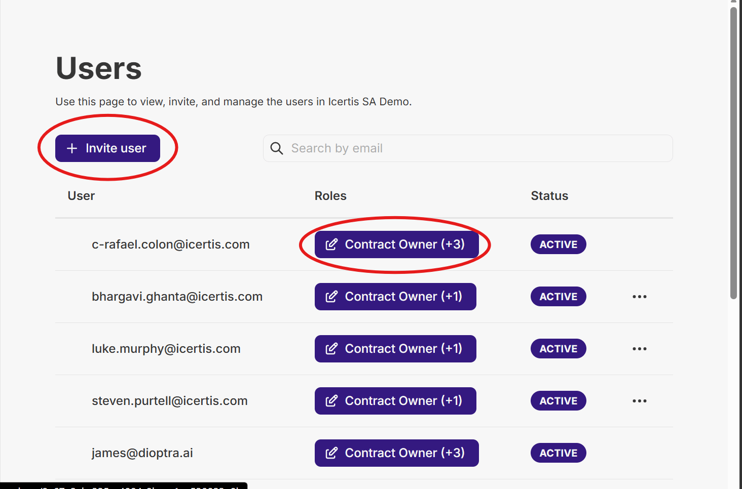 Users page with Invite user and role edit buttons highlighted