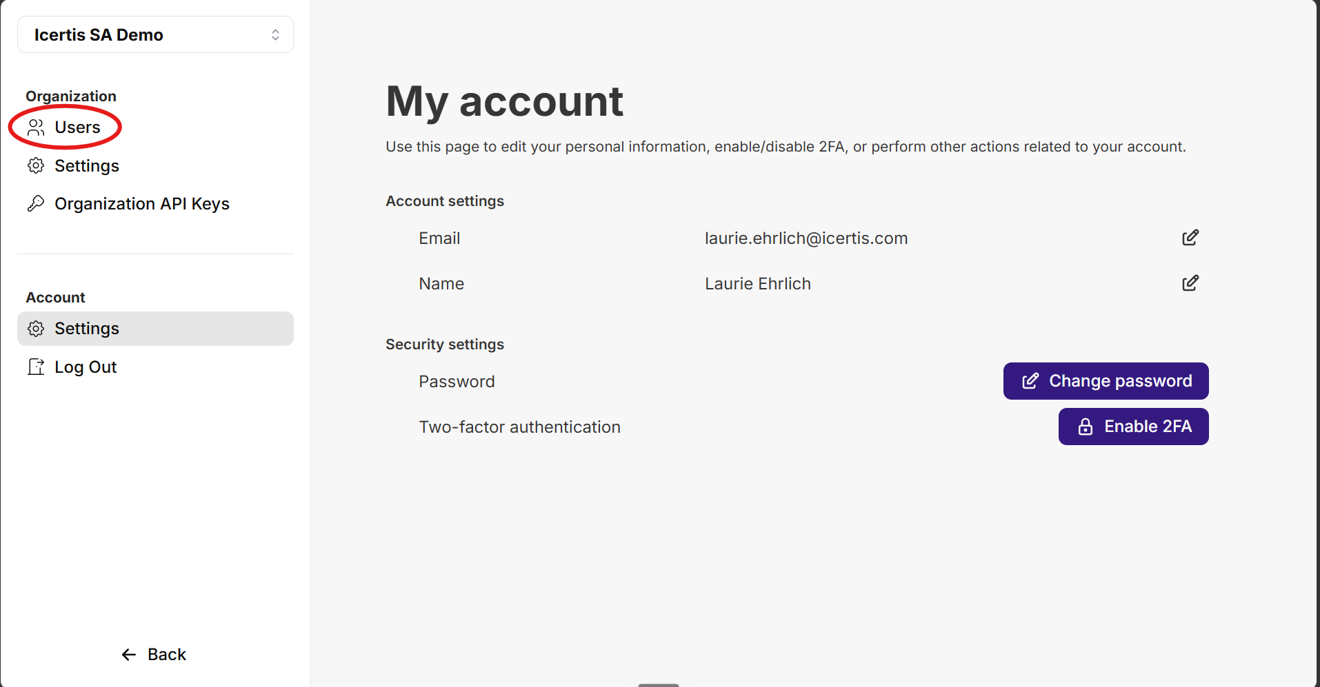 My account page with Users selected in the left nav