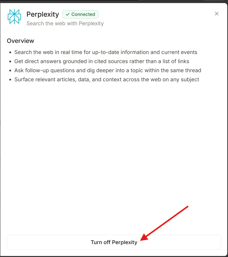 Perplexity panel with Turn off Perplexity button