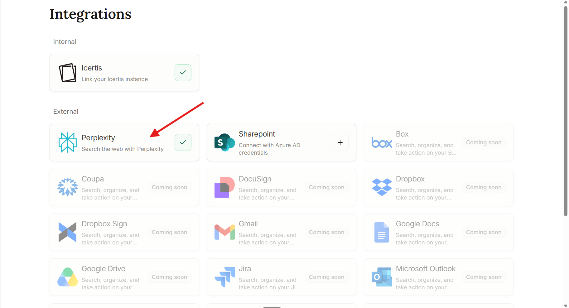 Integrations page with Perplexity selected
