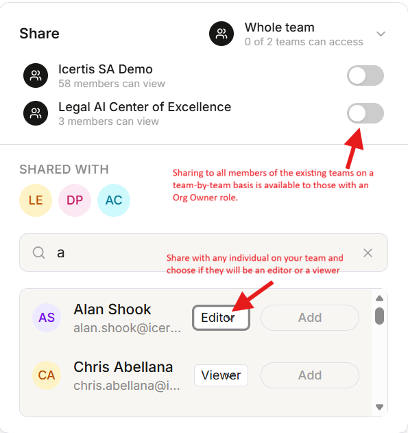 Share dialog with team toggles and individual Editor or Viewer selection