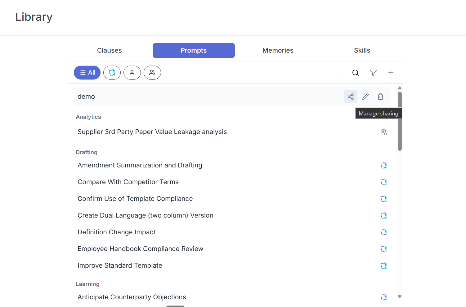 Manage sharing action on a Library prompt