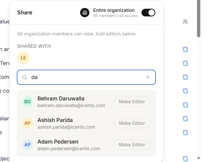 Share dialog with organization toggle and Make Editor controls