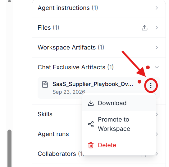 Artifact three-dot menu with Download, Promote to Workspace, and Delete options