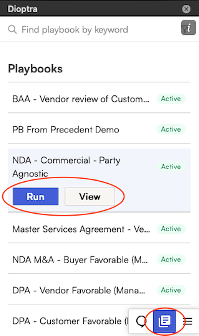 Available Playbooks in the Dioptra Word Add-In Available Playbooks in the Dioptra Word Add-In