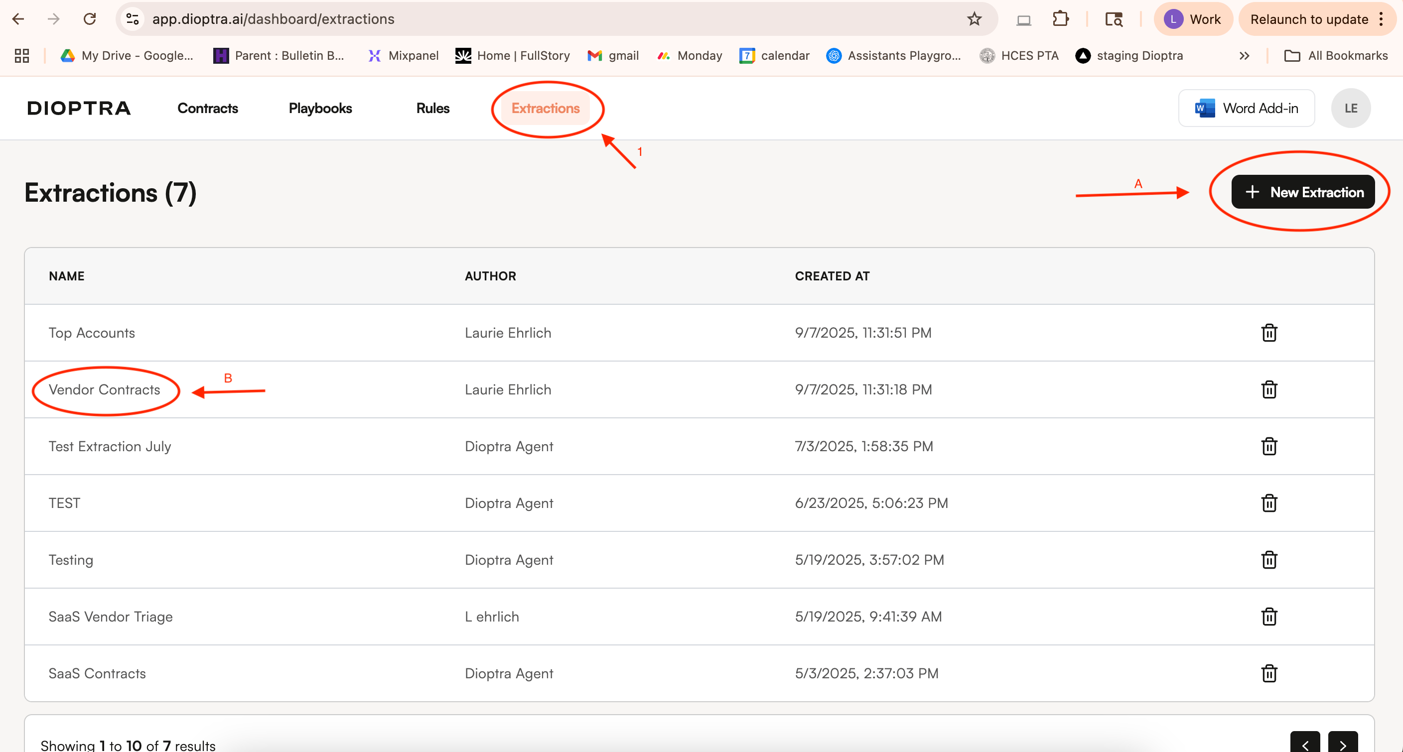 Extractions page showing the New Extraction button