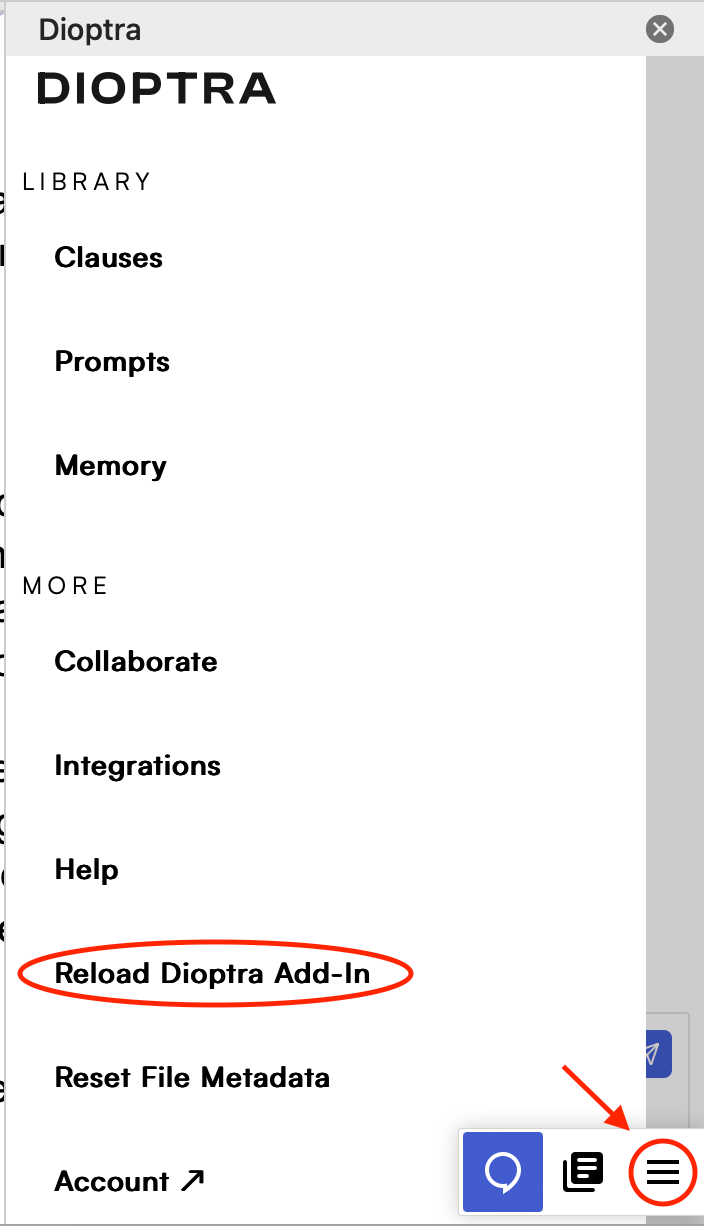 Reload Dioptra Add-In option in the hamburger menu