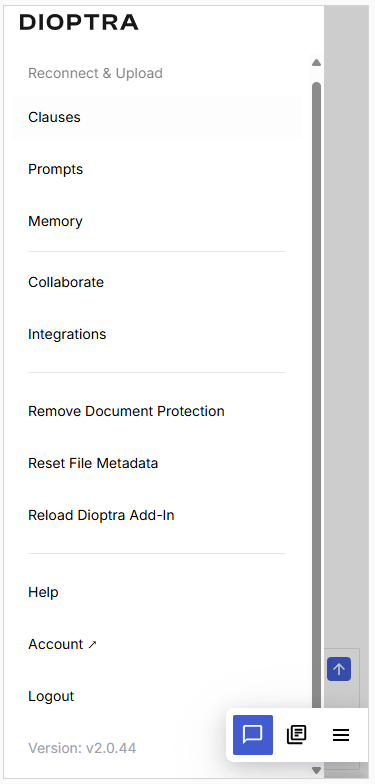 Dioptra Word Add-In hamburger menu Dioptra Word Add-In hamburger menu