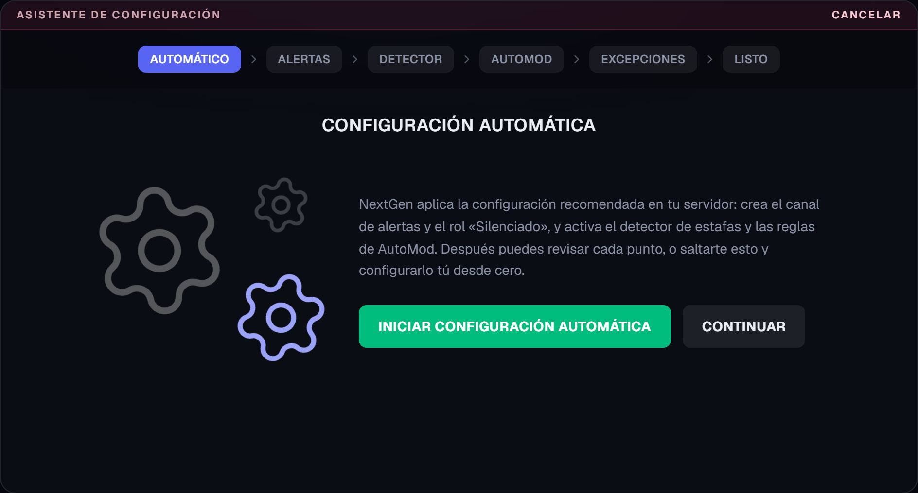 Primera pantalla del asistente de configuración, con los engranajes y los botones Iniciar configuración automática y Continuar