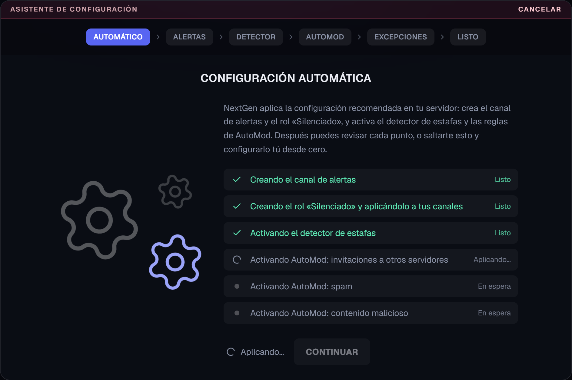 Lista de la configuración automática, con el canal, el rol y el detector en Listo, una regla de AutoMod aplicándose y dos en espera