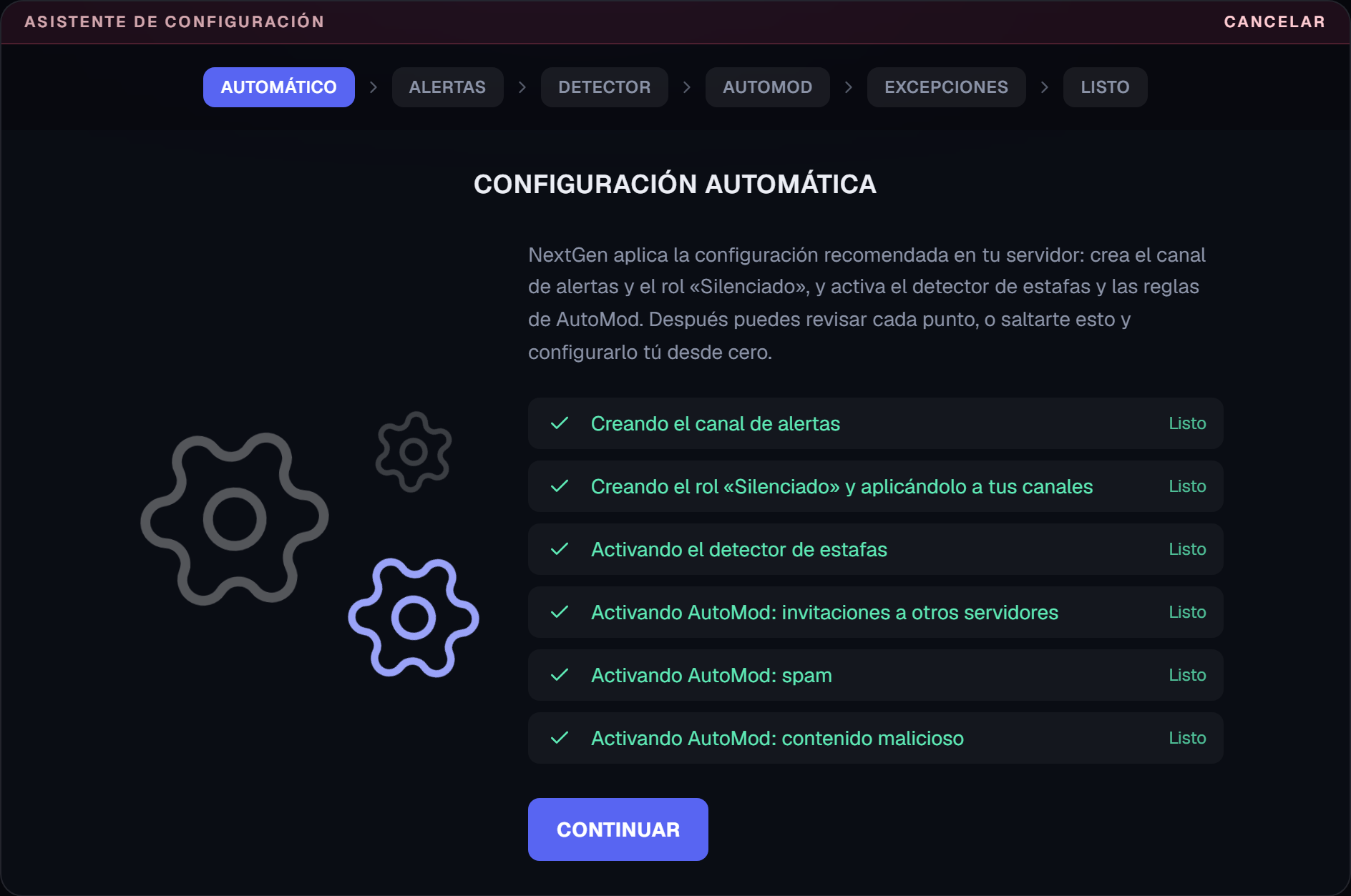 Configuración automática terminada, con todos los pasos en Listo