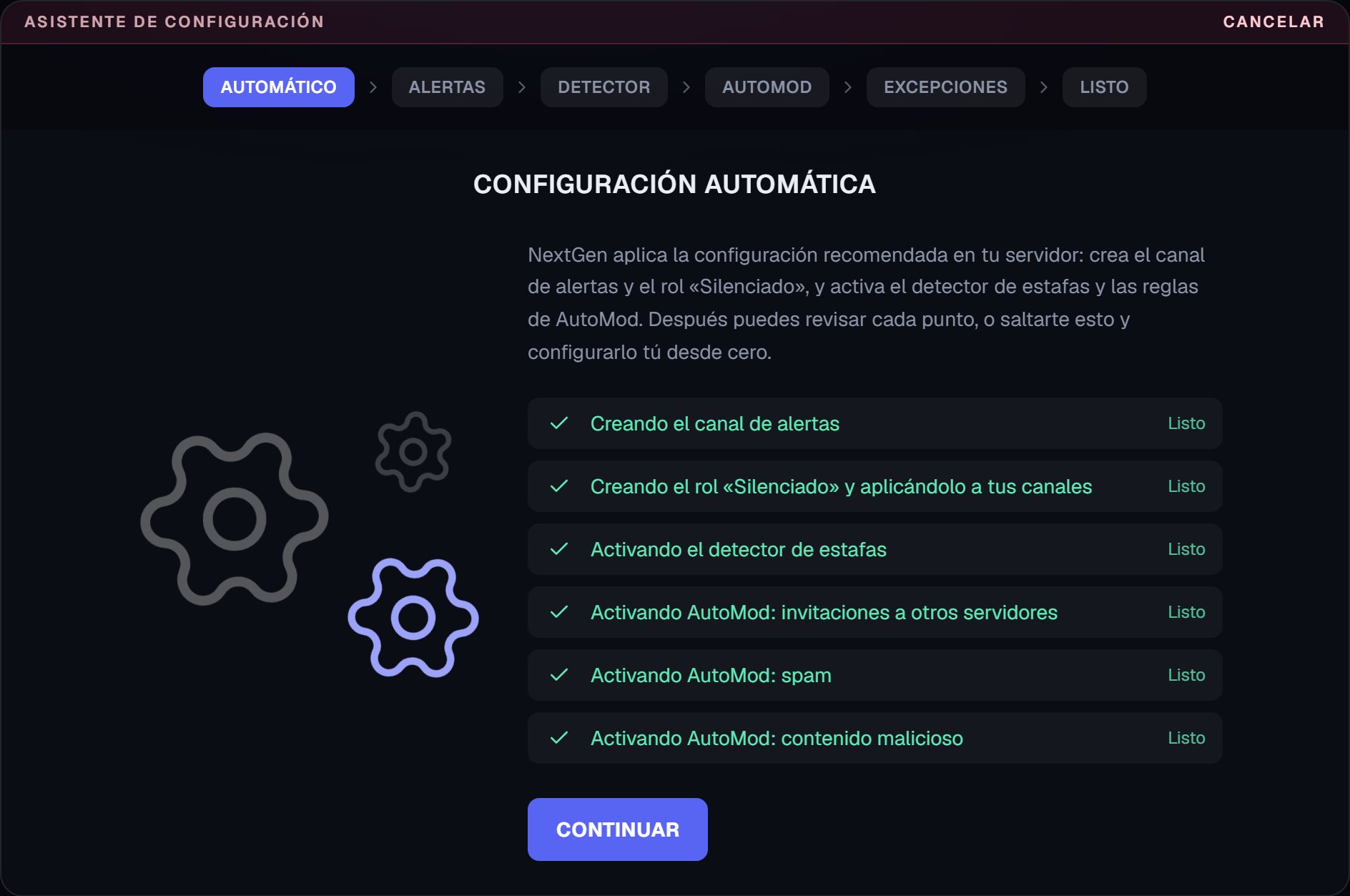 Configuración automática terminada, con todos los pasos en Listo
