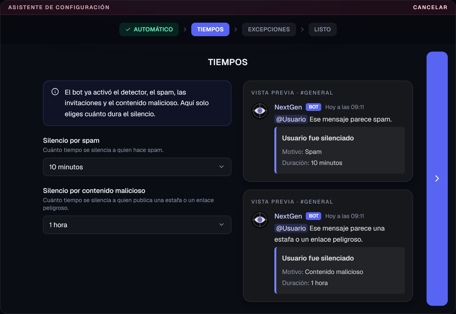 Pantalla Tiempos del asistente, con la duración del silencio por spam y por contenido malicioso