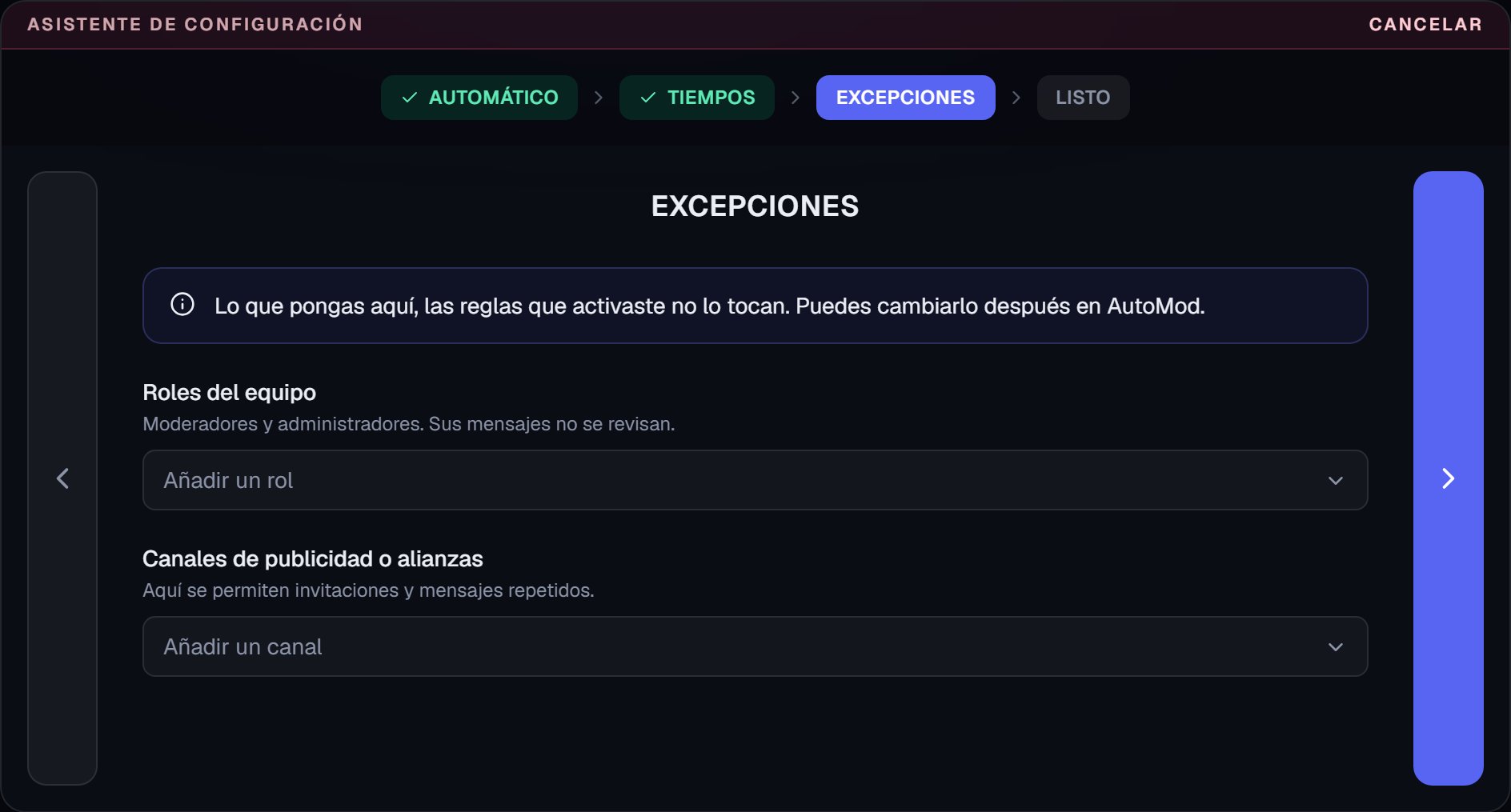 Pantalla Excepciones del asistente, con los roles del equipo y los canales de alianzas