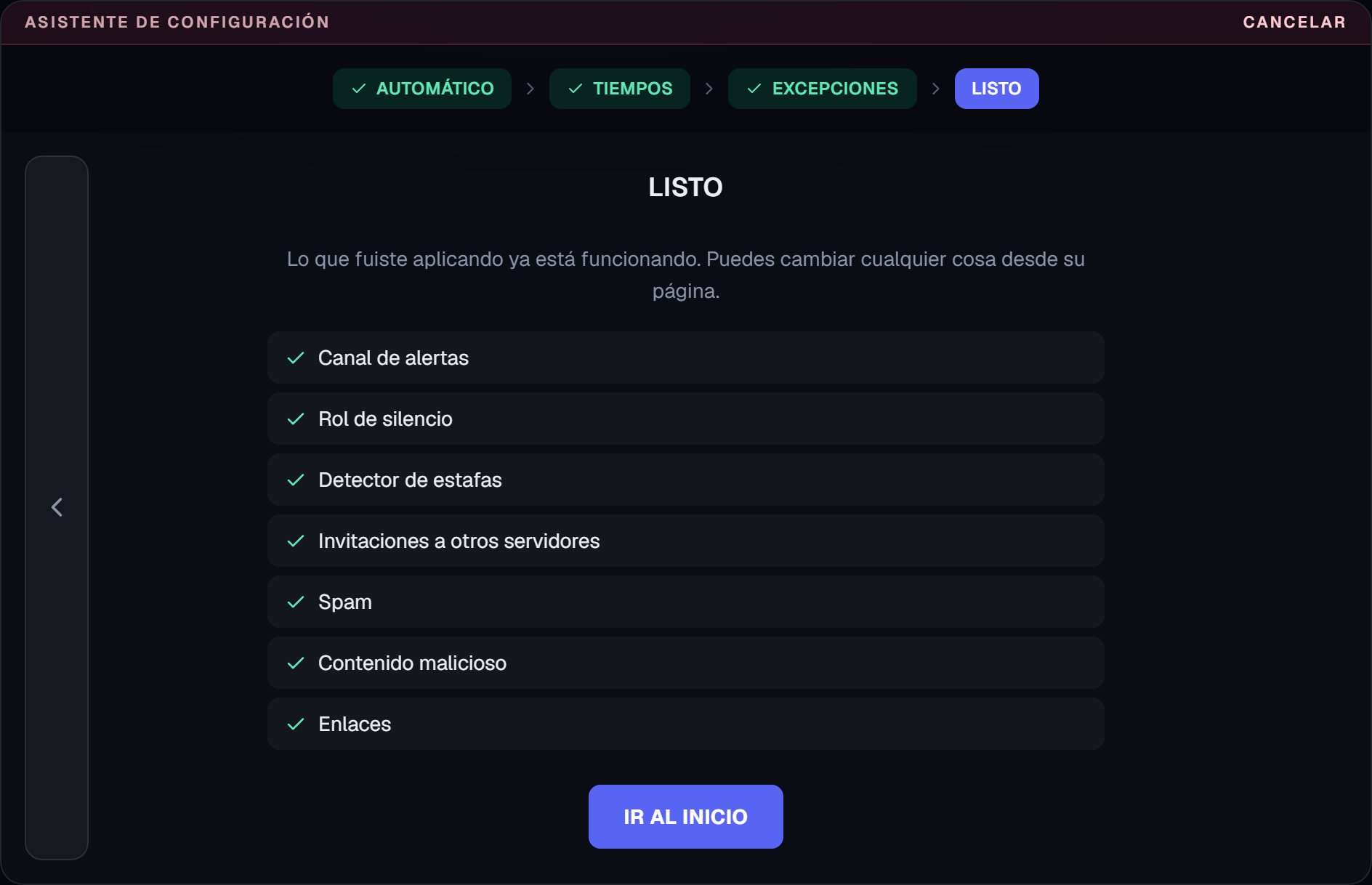 Pantalla final del asistente, con el resumen de lo aplicado