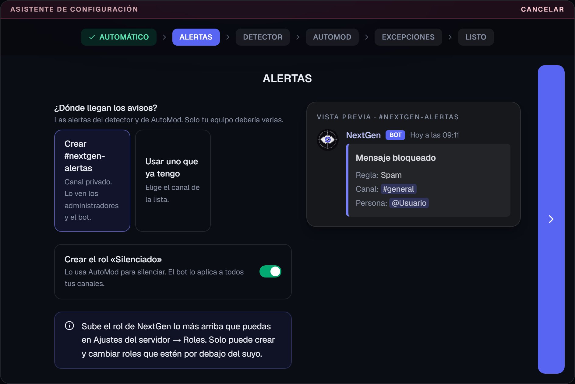 Pantalla Alertas del asistente, con el canal de alertas y el rol de silencio