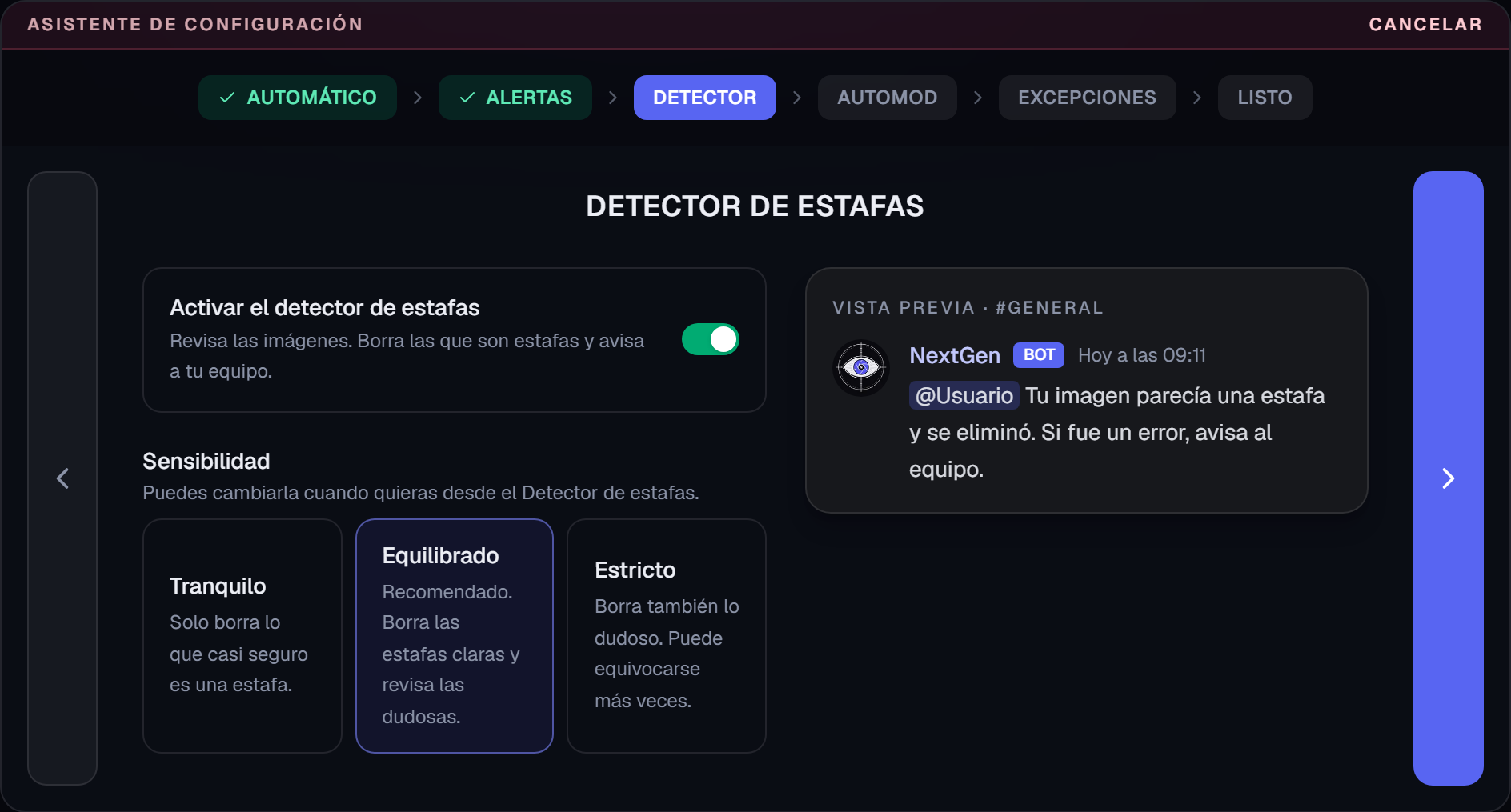 Pantalla Detector de estafas del asistente, con la sensibilidad y la vista previa