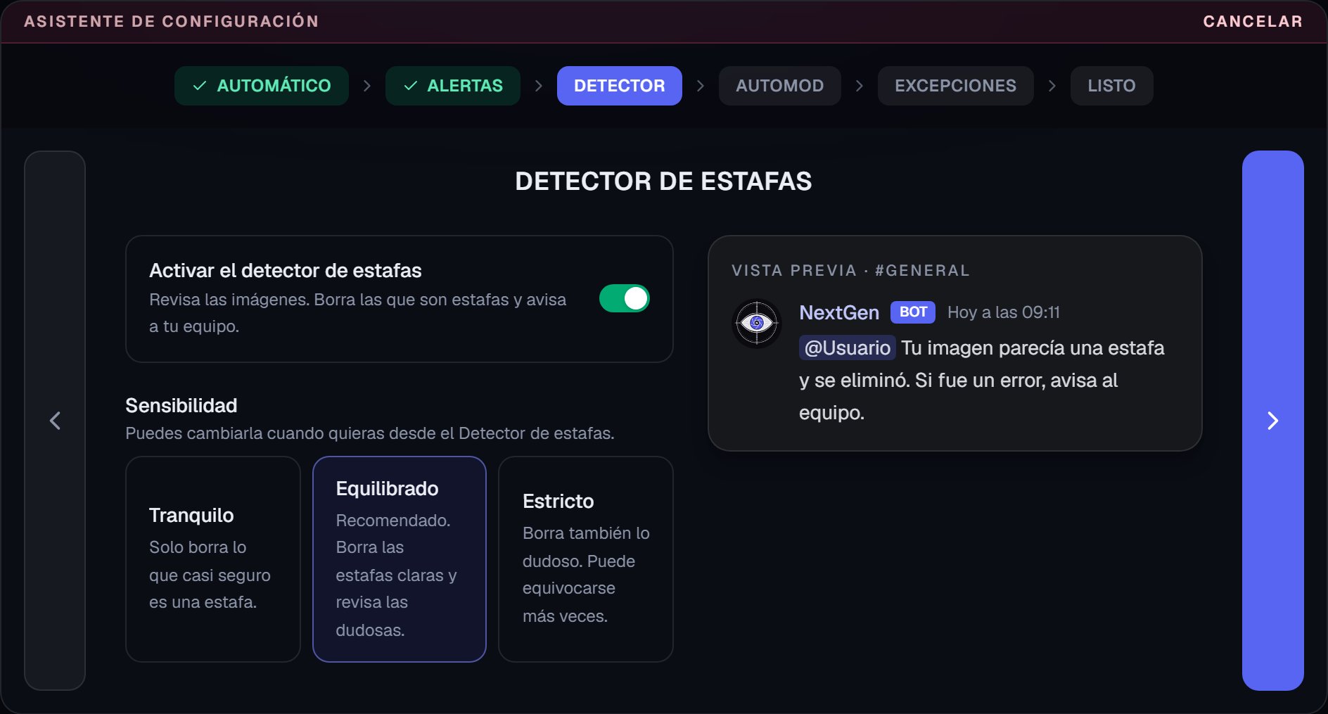 Pantalla Detector de estafas del asistente, con la sensibilidad y la vista previa