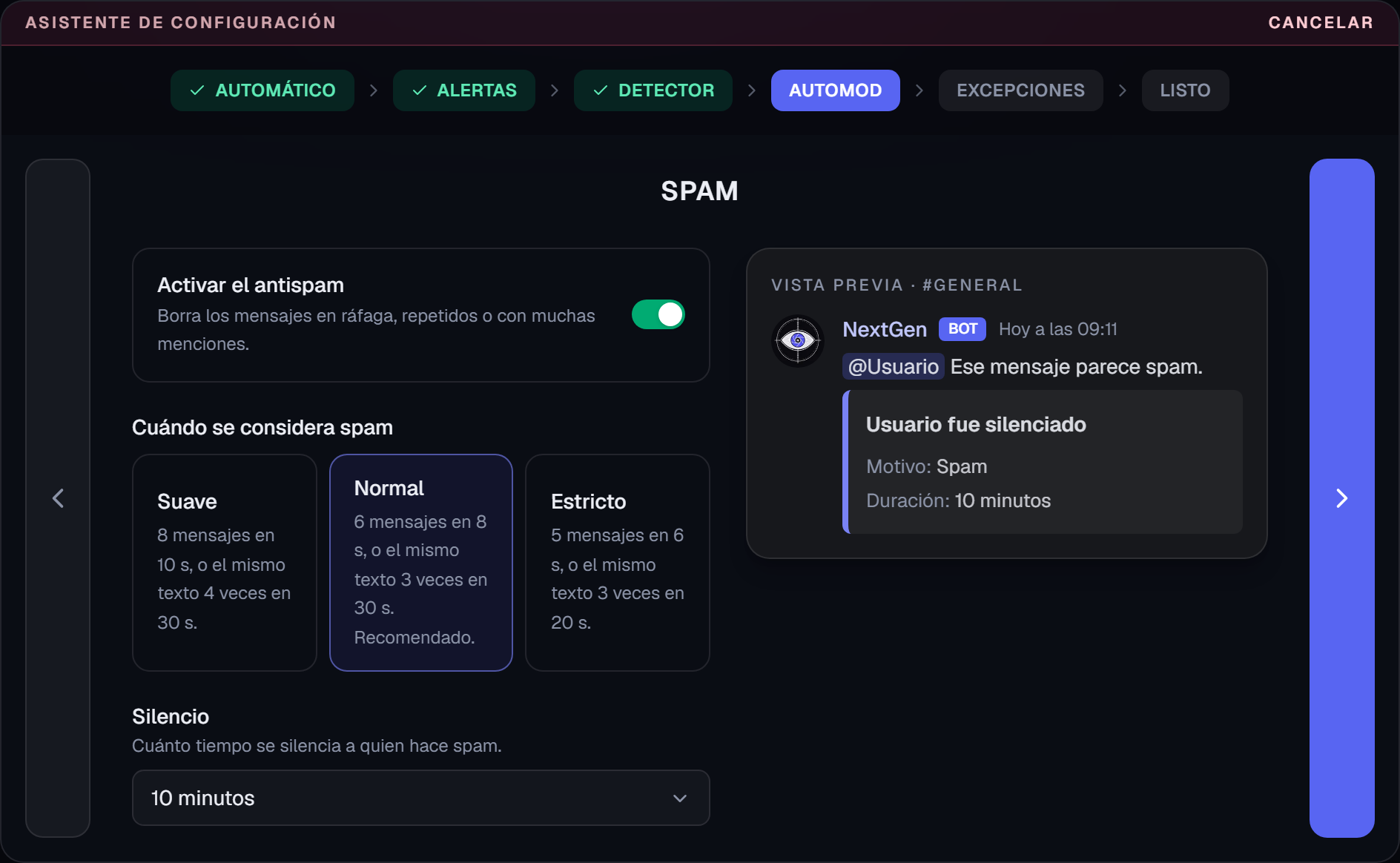 Pantalla Spam del asistente, con los niveles Suave, Normal y Estricto y la duración del silencio