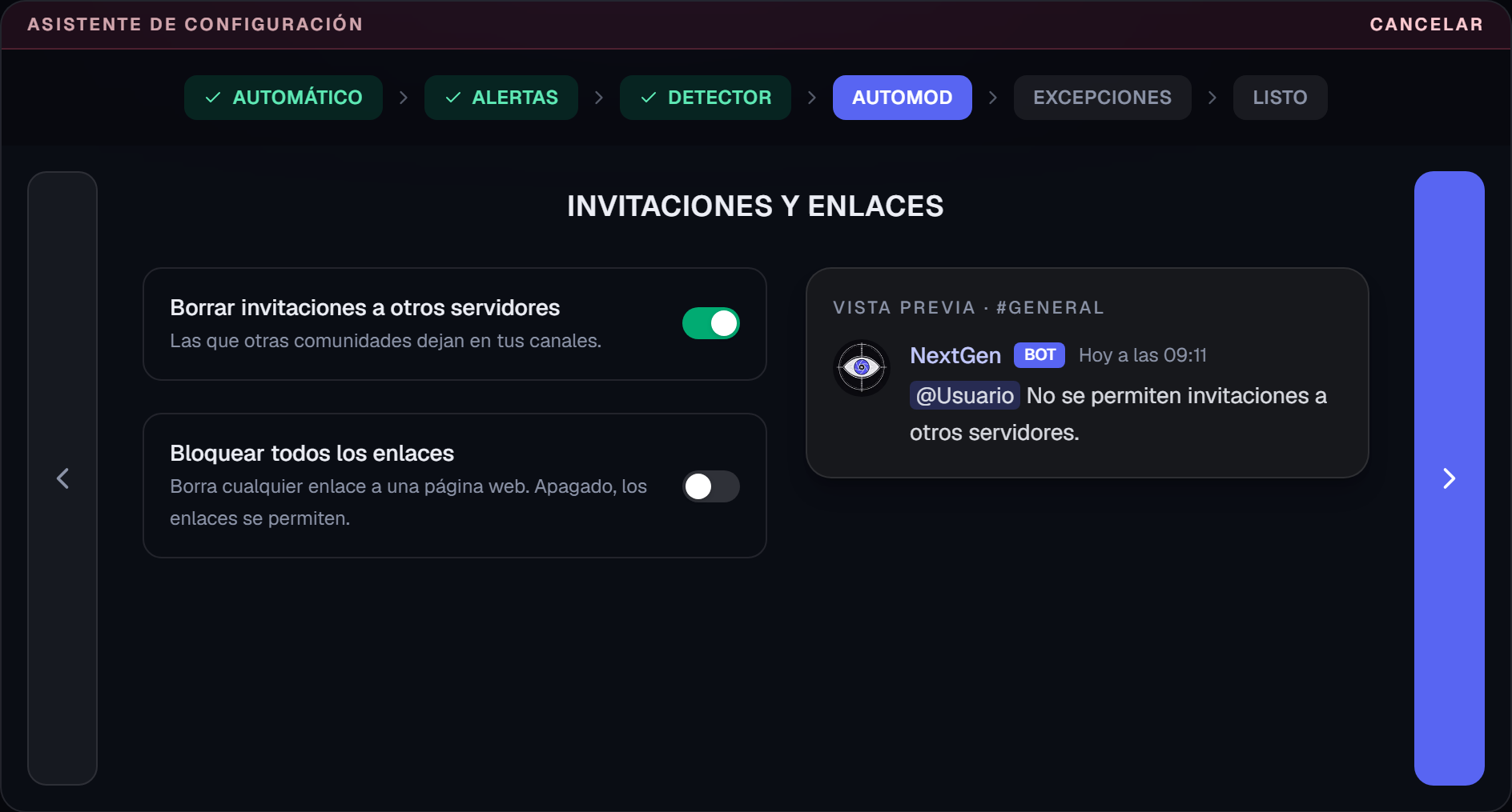 Pantalla Invitaciones y enlaces del asistente, con los dos interruptores