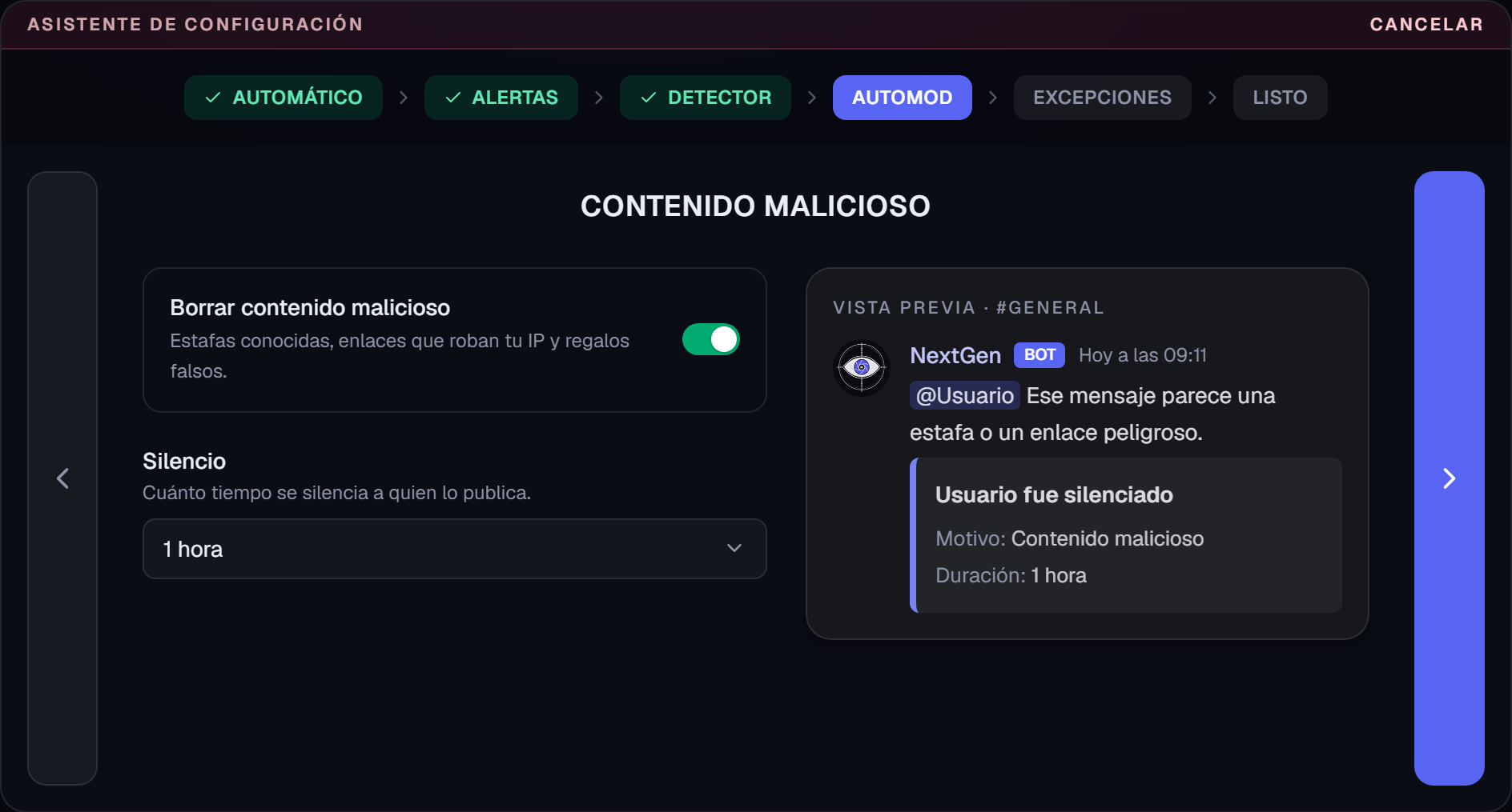 Pantalla Contenido malicioso del asistente, con la duración del silencio