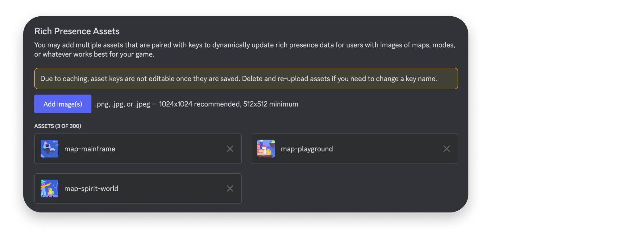 Rich Presence assets in app settings