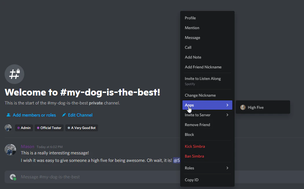 An example user command. The context menu has an Apps section open to a High Five command