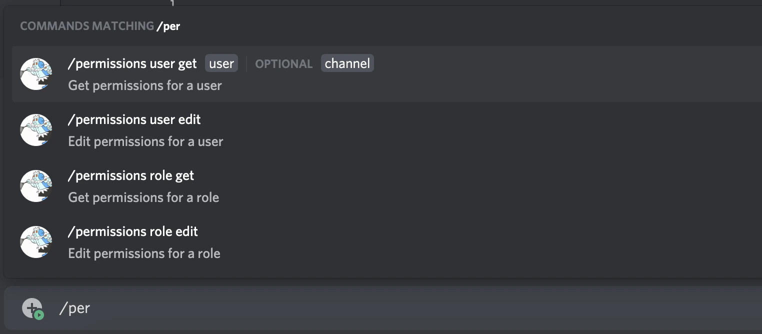 A command with grouped subcommands and parameters. It says /permissions user get with arguments for a user and a channel.