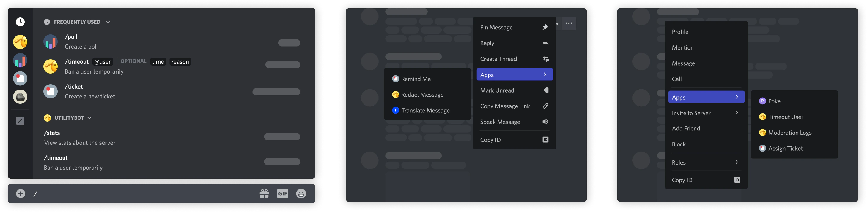 Client interfaces showing the different types of application commands