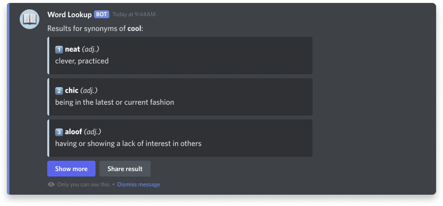 Example of ephemeral message to show search results