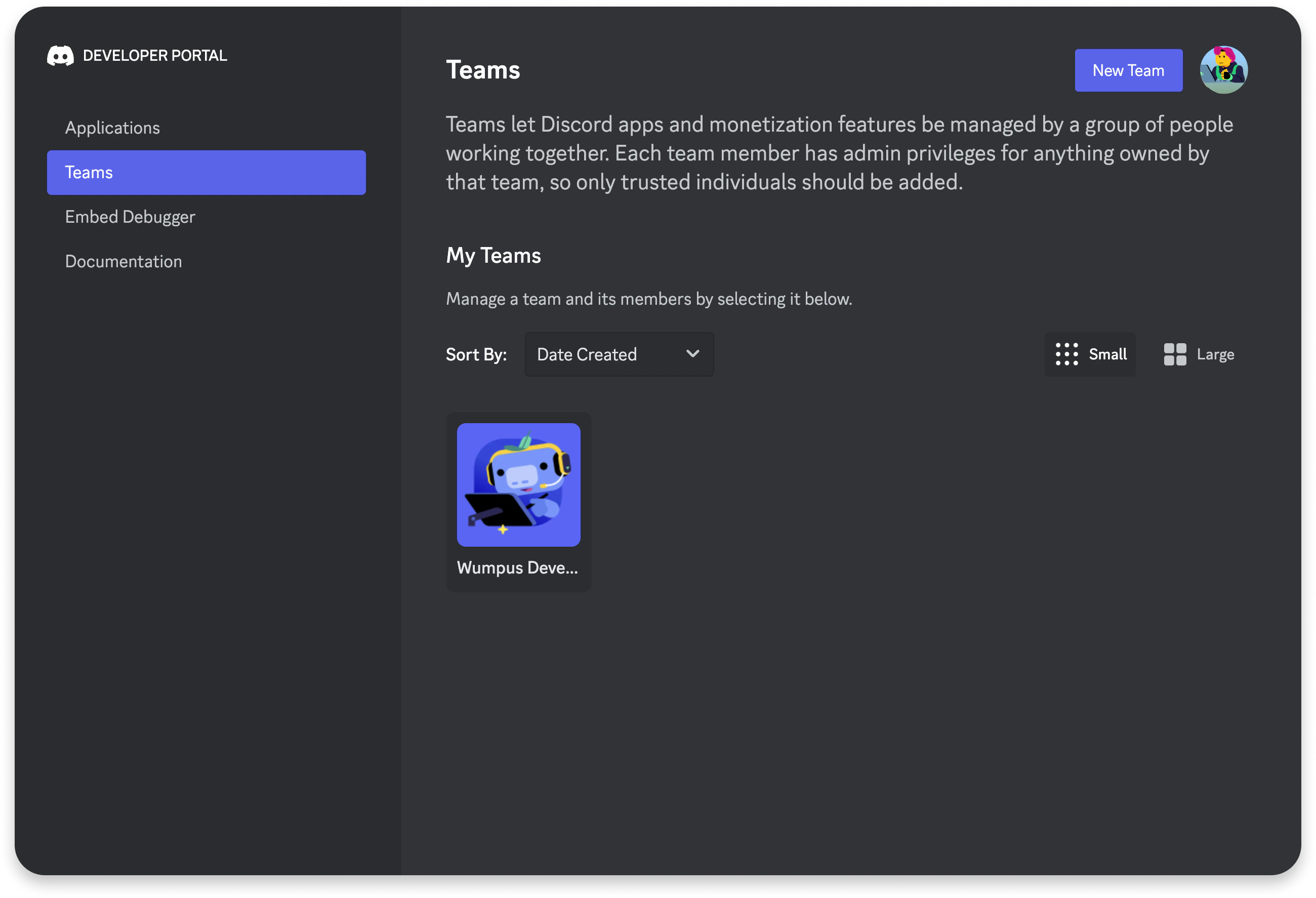 Screenshot of the Teams page
