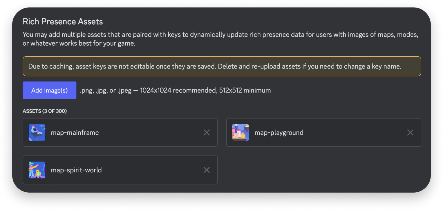 Rich Presence assets in app settings