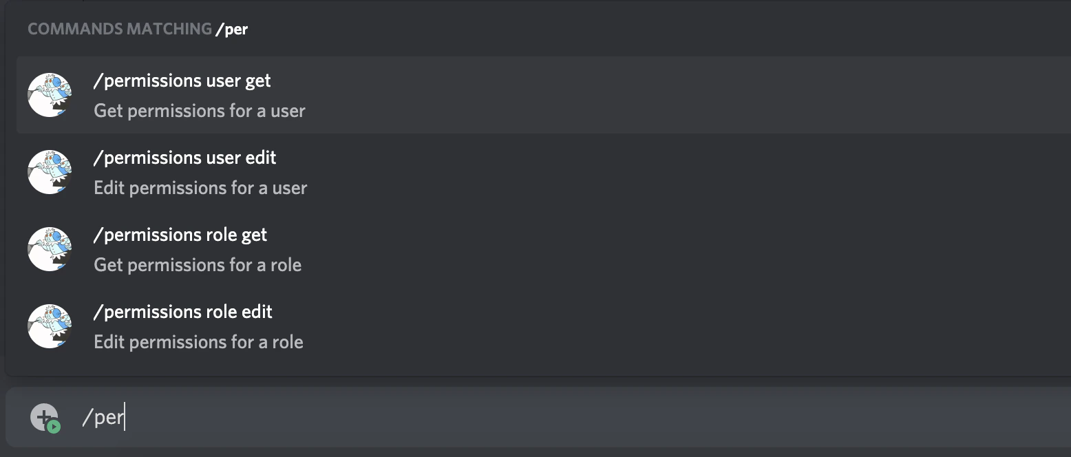 A command with grouped subcommands. It says /permissions user get