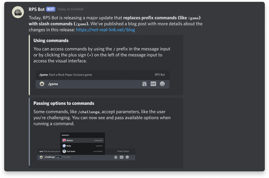 Example message updating users about a new feature