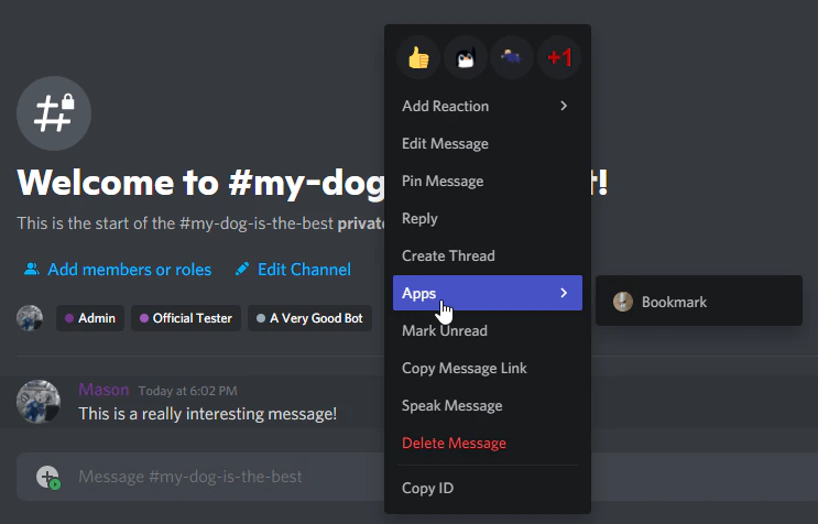 An example message command. The context menu has an Apps section open to a Bookmark command