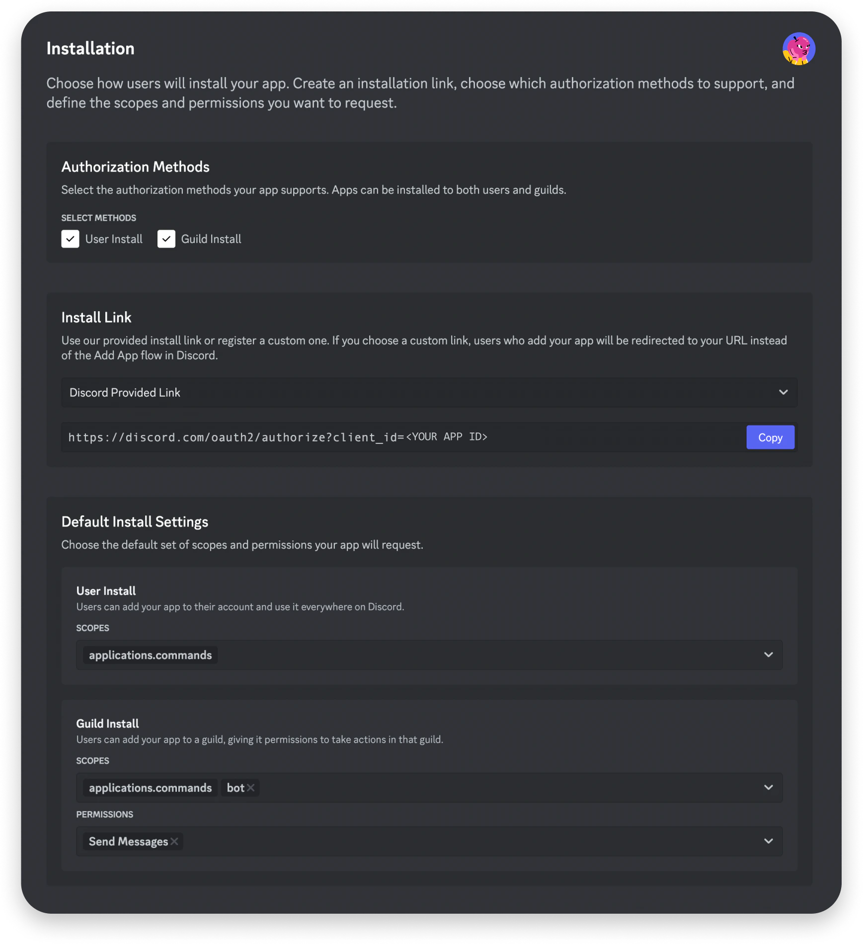 Installation settings in App Settings