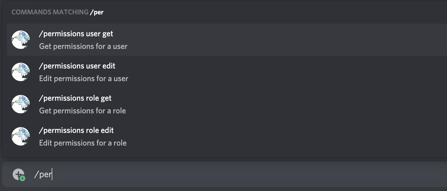 A command with grouped subcommands. It says /permissions user get