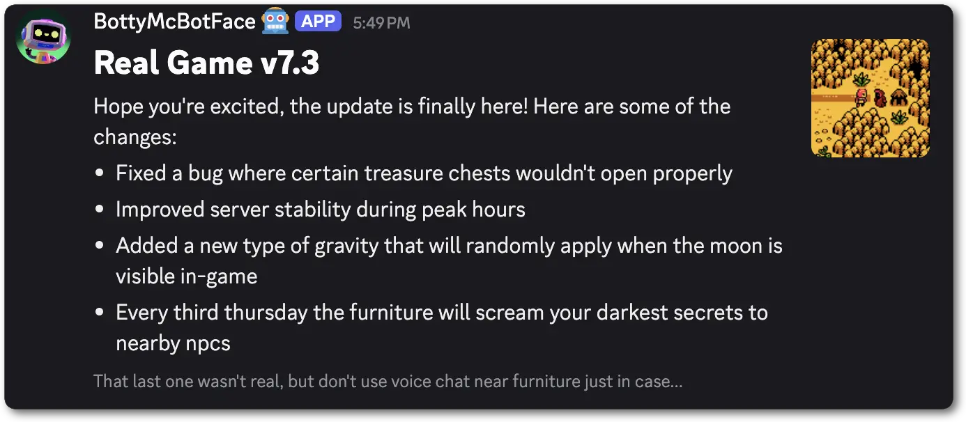 Example of a Section showing a fake game changelog and a thumbnail