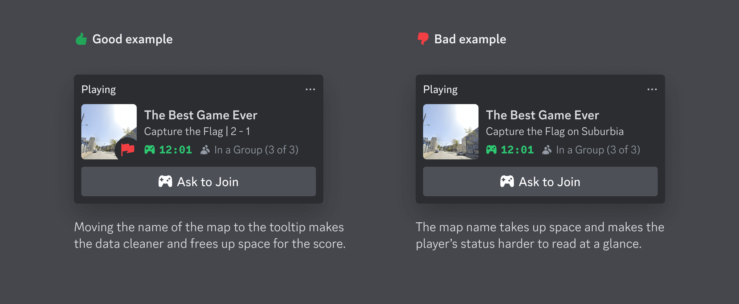 Example of a good rich presence string that takes advantage of storing less important information in tooltips compared to a bad string that is hard to read at a glance