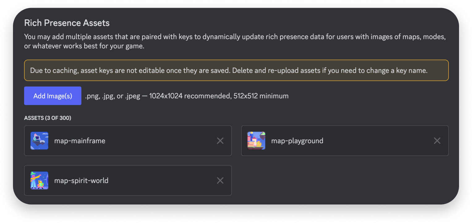 Rich Presence assets in app settings