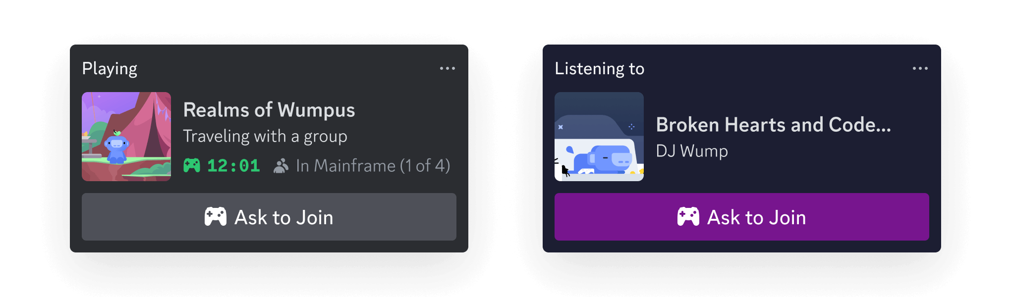Examples of Rich Presence data on Discord user profiles