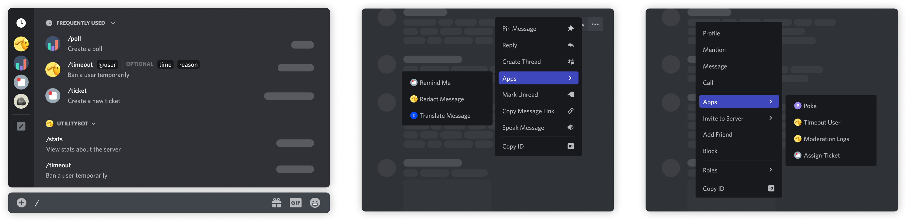 Client interfaces showing the different types of application commands