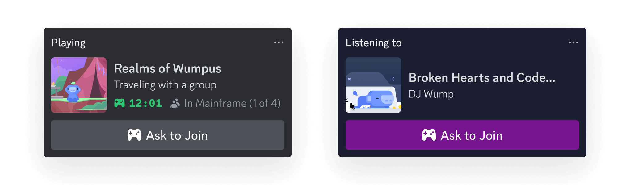 Examples of Rich Presence data on Discord user profiles