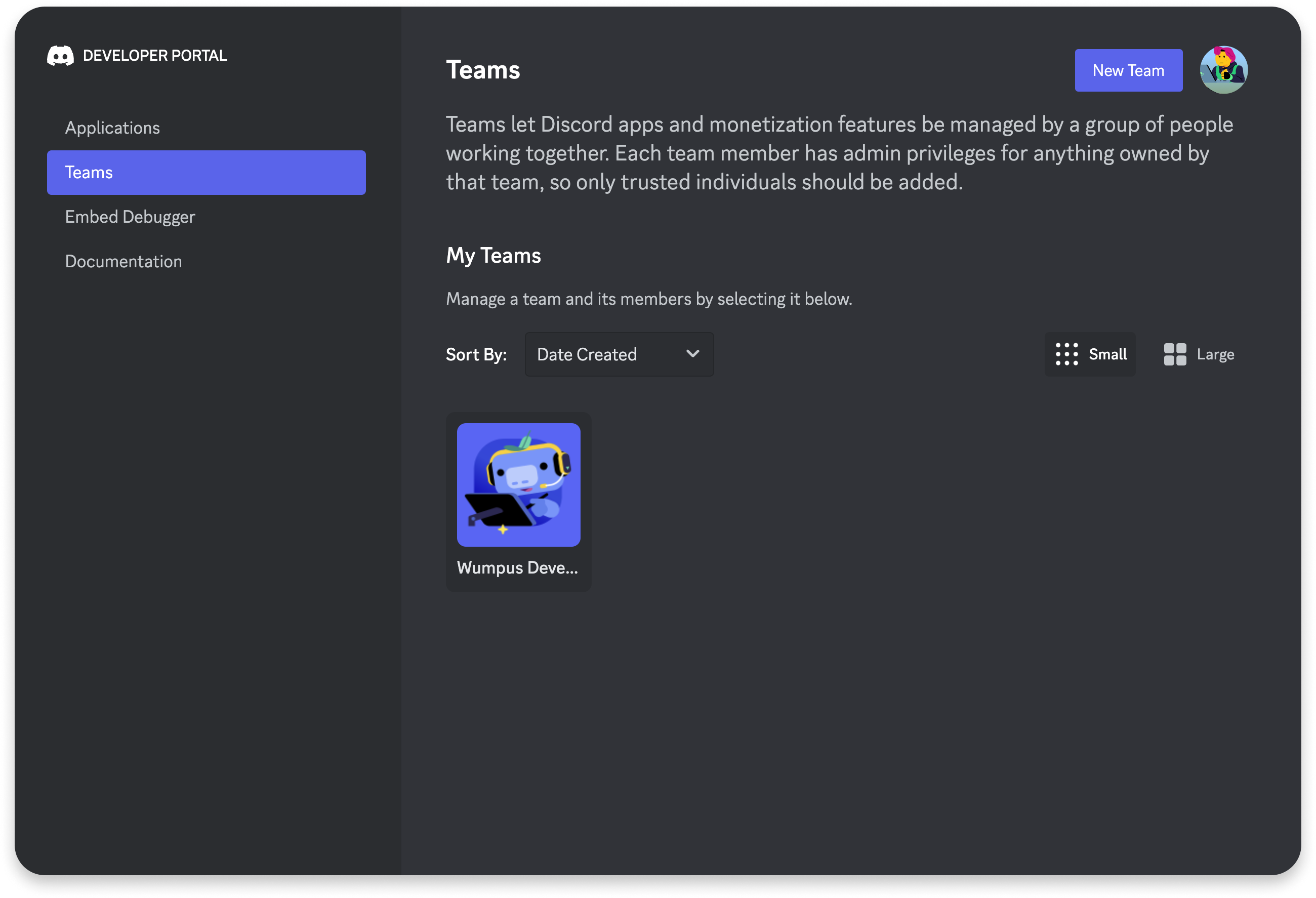 Screenshot of the Teams page
