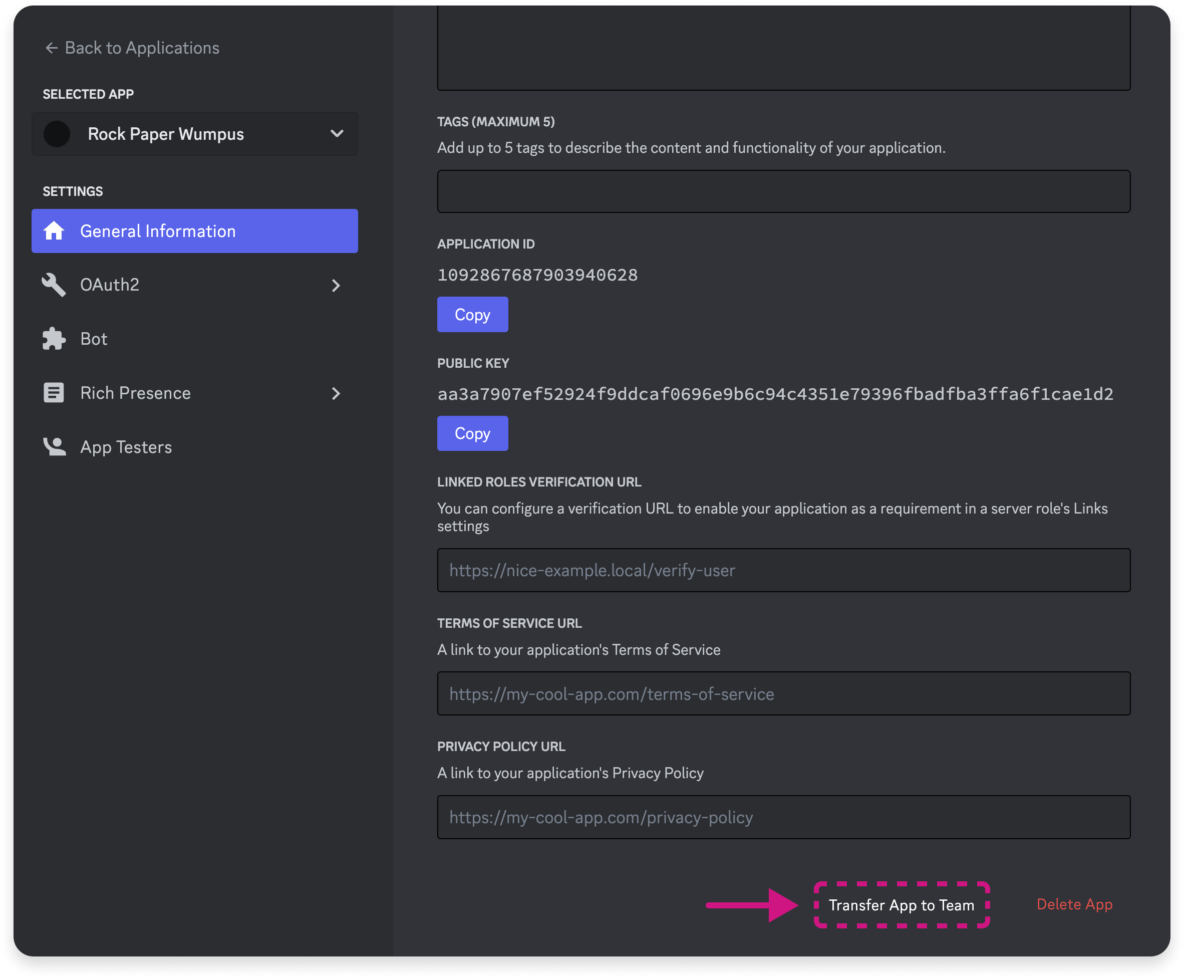 Screenshot of where to find the button to transfer an Application to a team