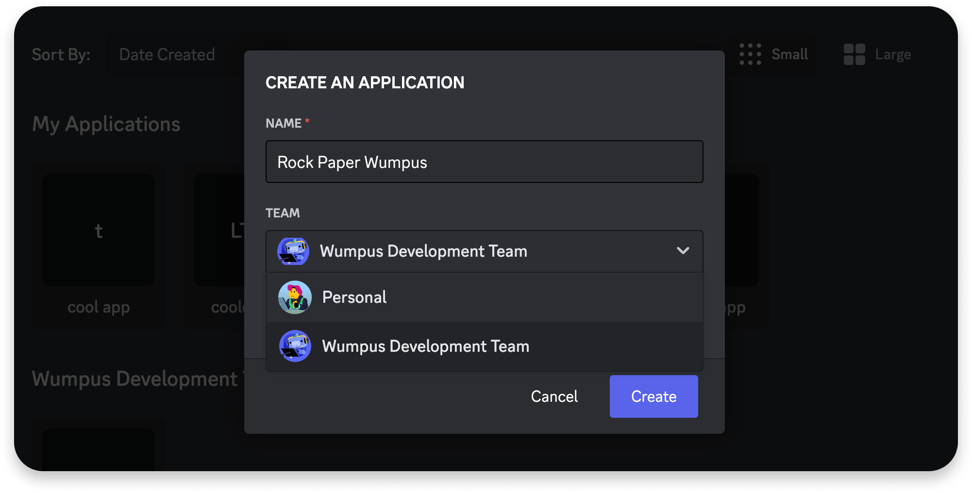 Screenshot of the create application modal with a Team selected