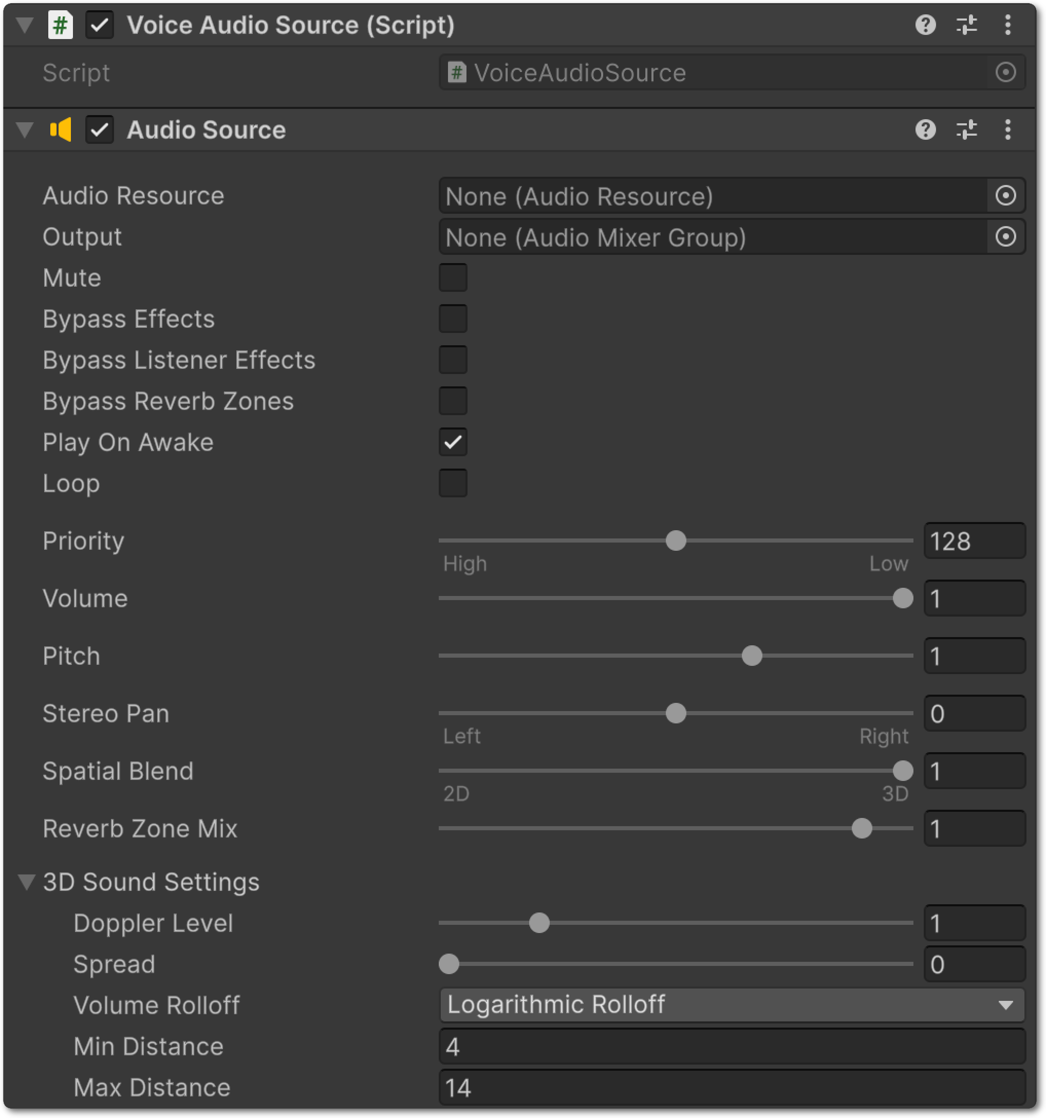 3D audio settings in the Unity AudioSource inspector