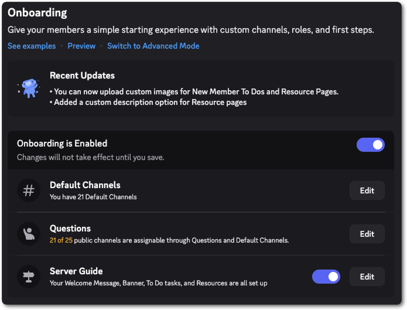 Server onboarding settings for a community server